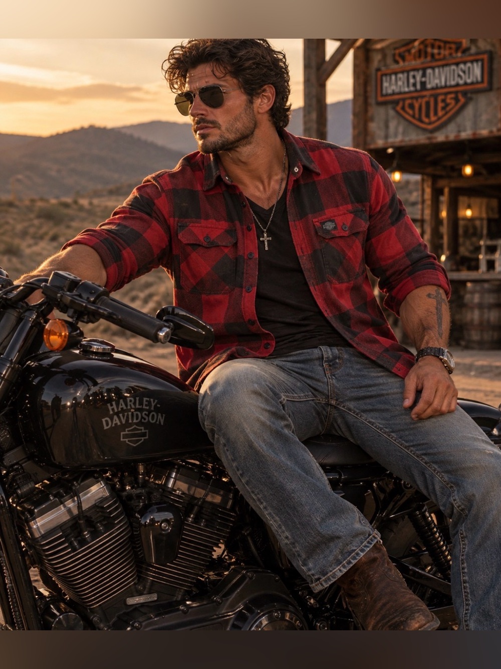 Harley Davidson Motorclothes Red Buffalo Check Flannel cotton Button Up Shirt L